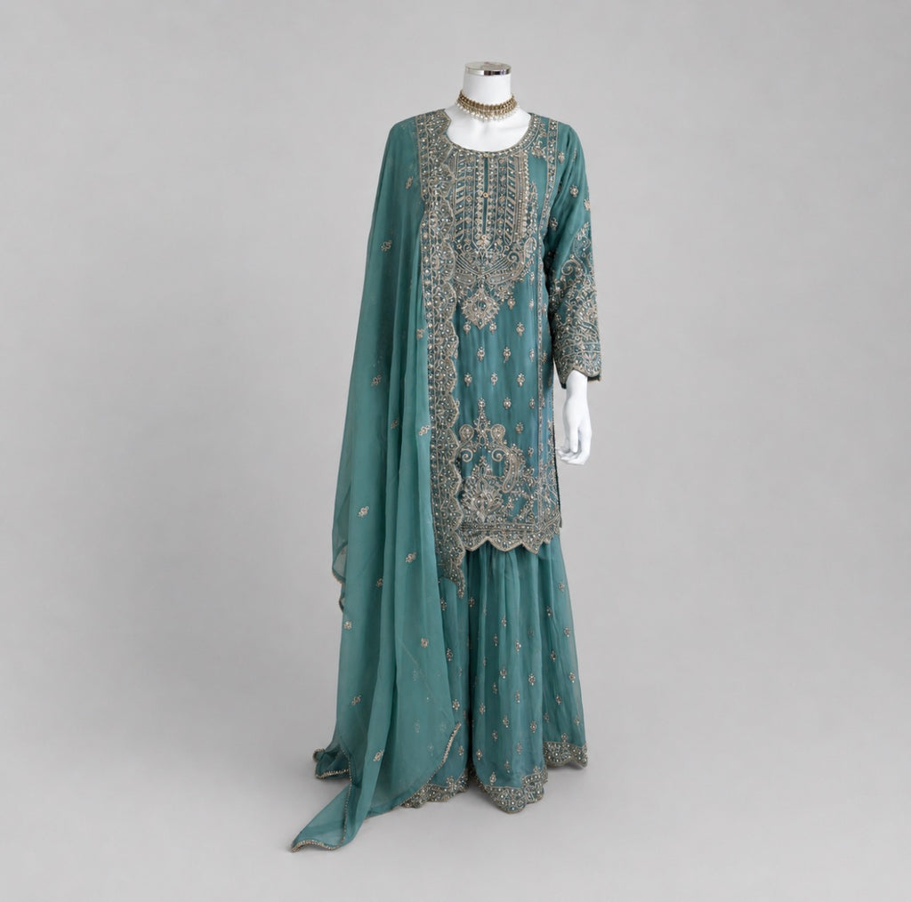 SAFFA | 3 piece Embroidered Chiffon Gharara Suit
