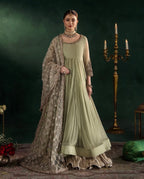 DILRUBA | 3 piece Embroidered chiffon Bridal Anarkali suit- Sage green