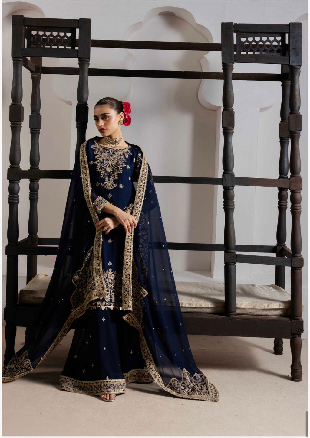 ALANI Navy Blue | 3 piece Embroidered chiffon sharara Suit