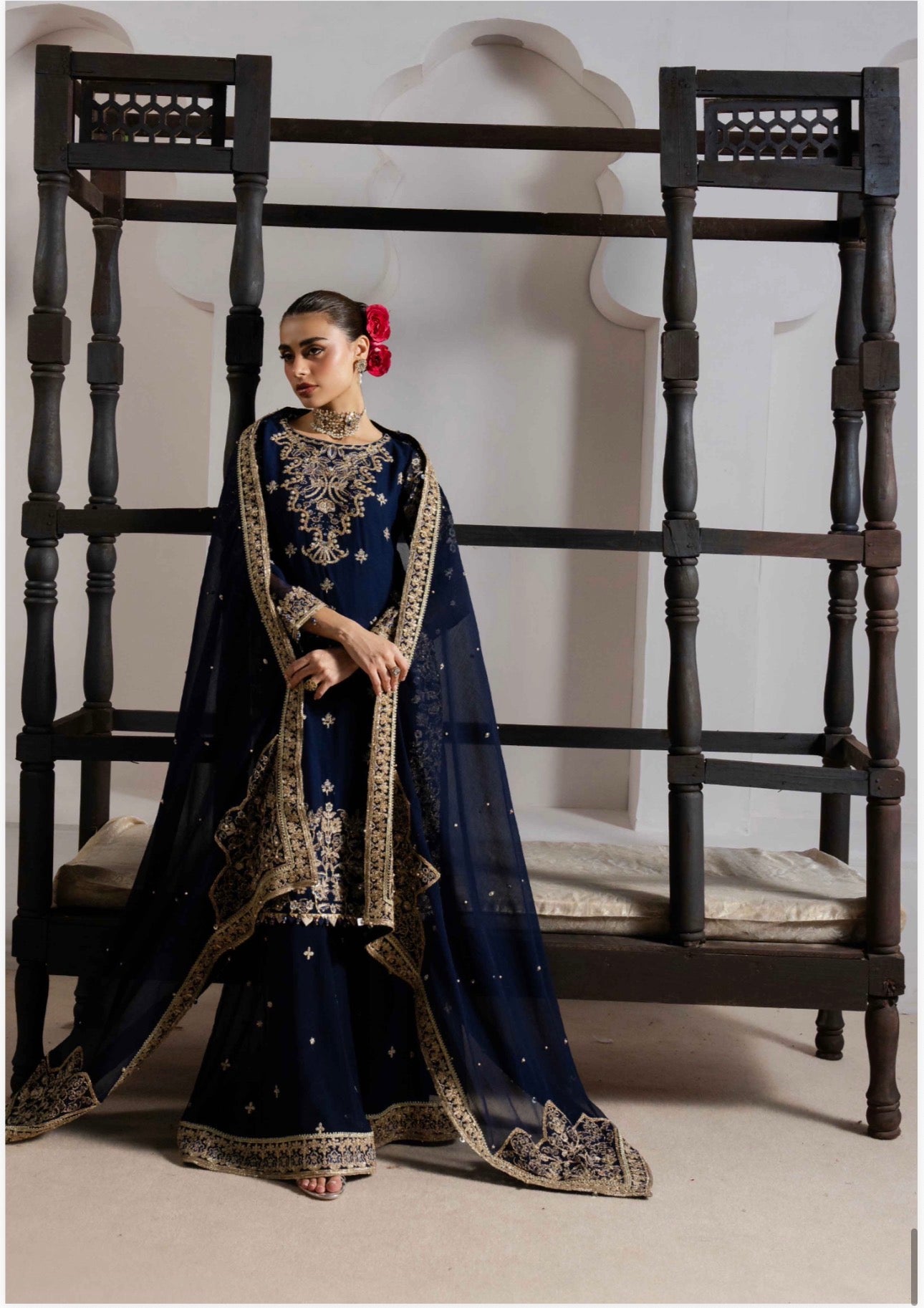 ALANI Navy Blue | 3 piece Embroidered chiffon sharara Suit