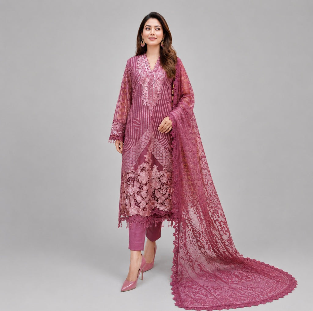 D4 VELVET-Rosewood Pink Elegance Embroidered 3 Piece Luxury Suit