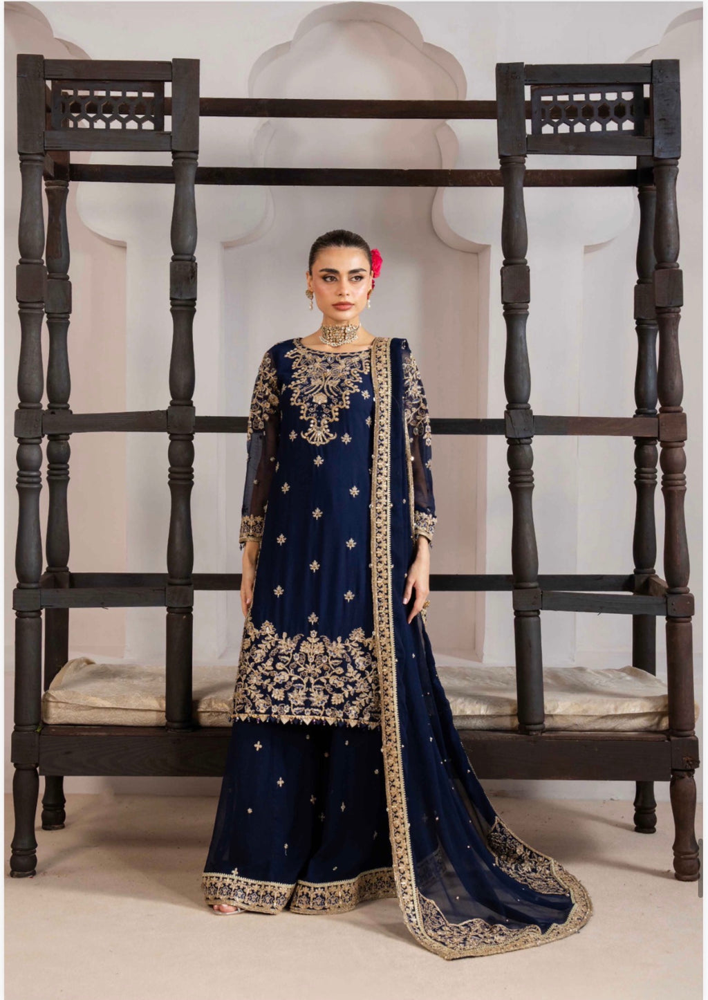 ALANI Navy Blue | 3 piece Embroidered chiffon sharara Suit