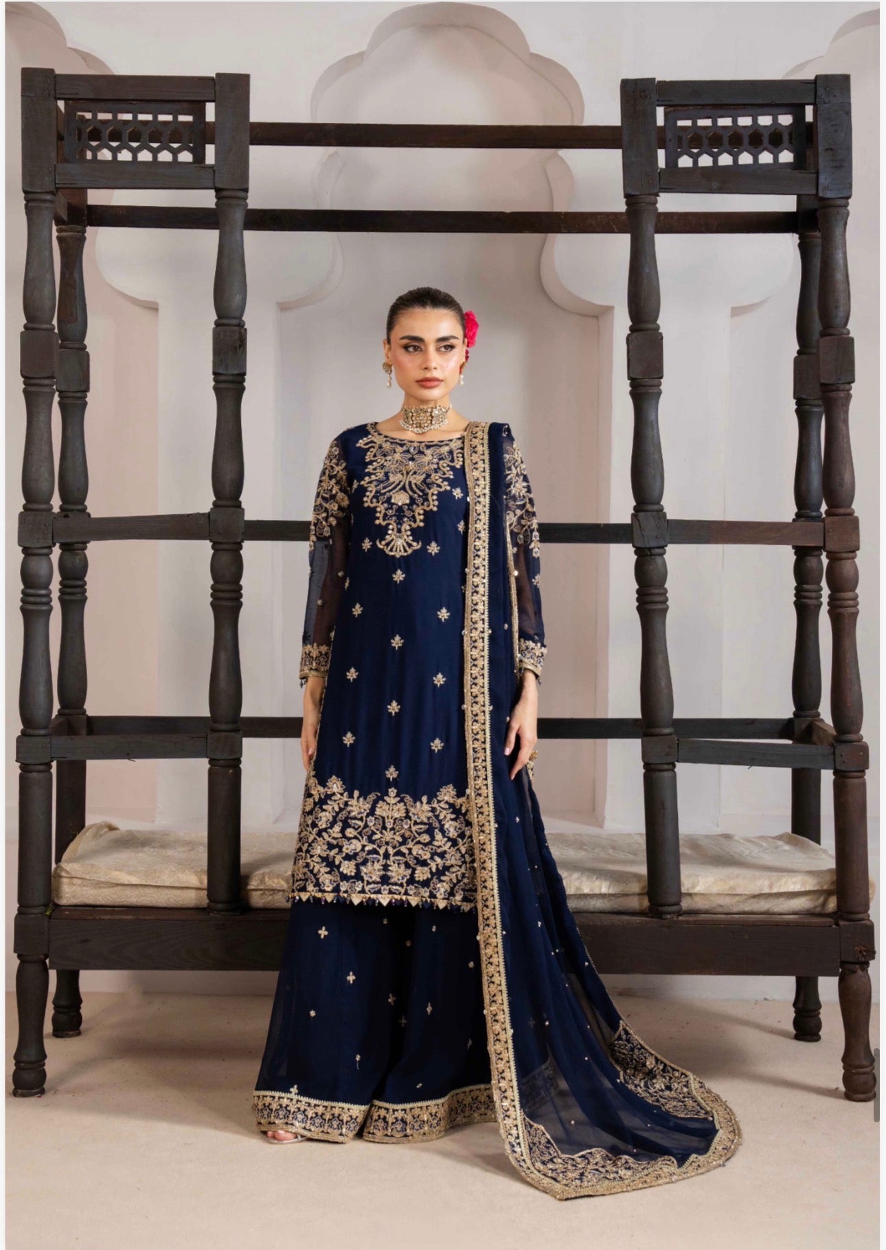 ALANI Navy Blue | 3 piece Embroidered chiffon sharara Suit