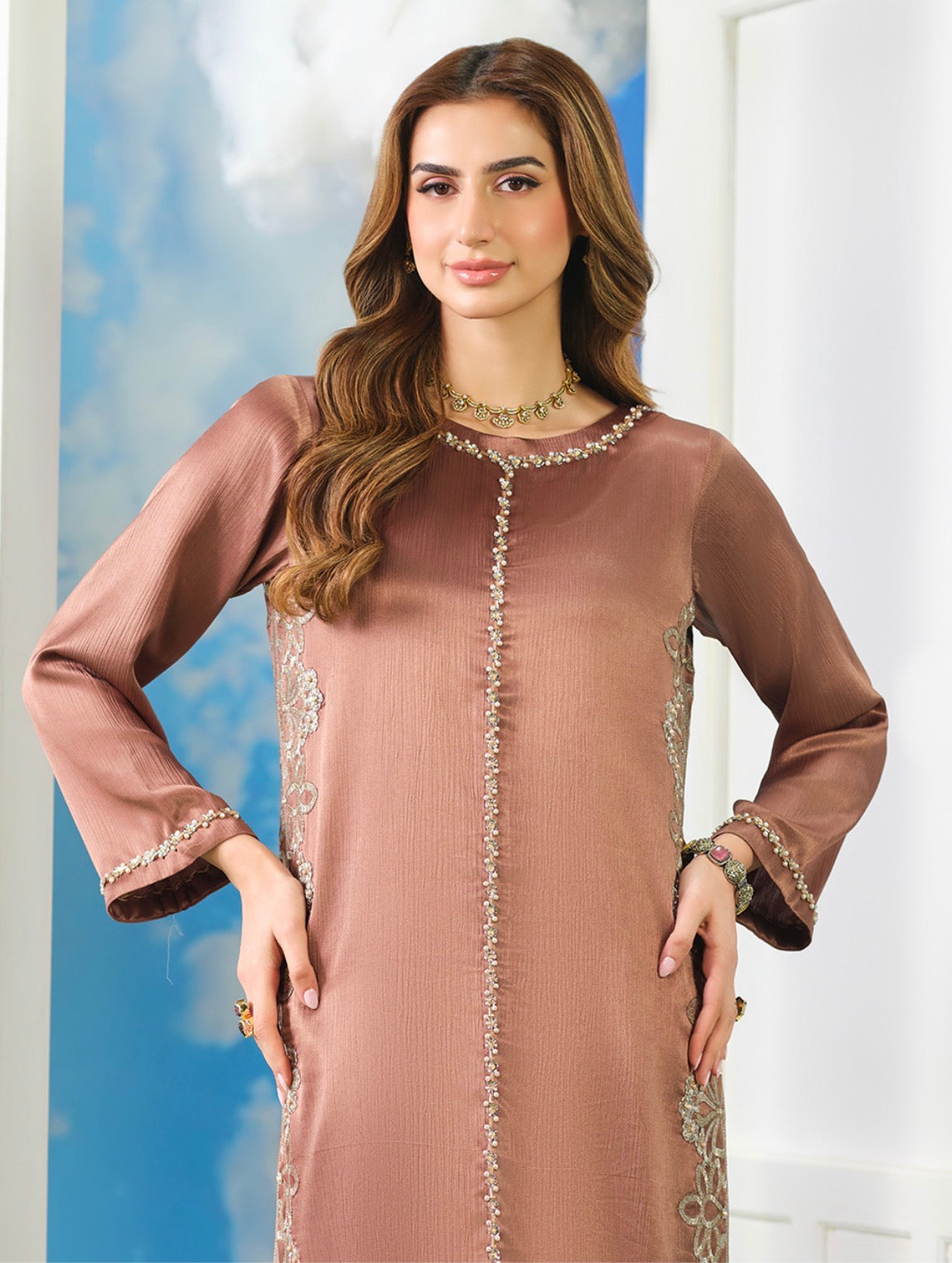 Mocha Elegance 2 piece Embroidered silk Kurta Set
