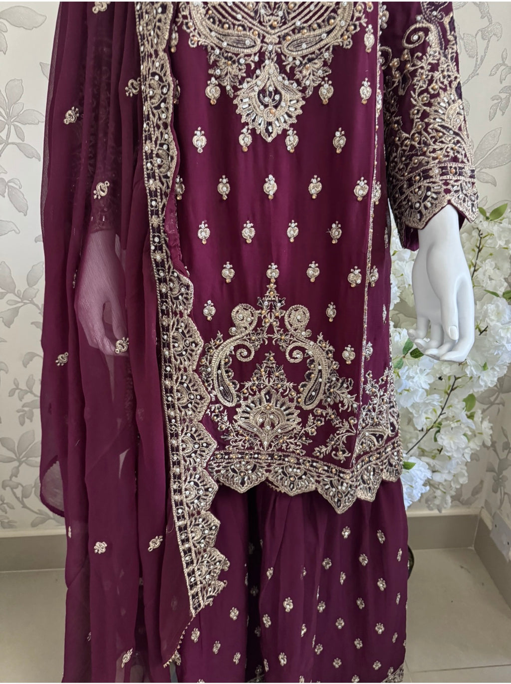 SAFFA | 3 piece Embroidered Chiffon Gharara Suit