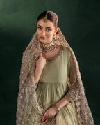 DILRUBA | 3 piece Embroidered chiffon Bridal Anarkali suit- Sage green