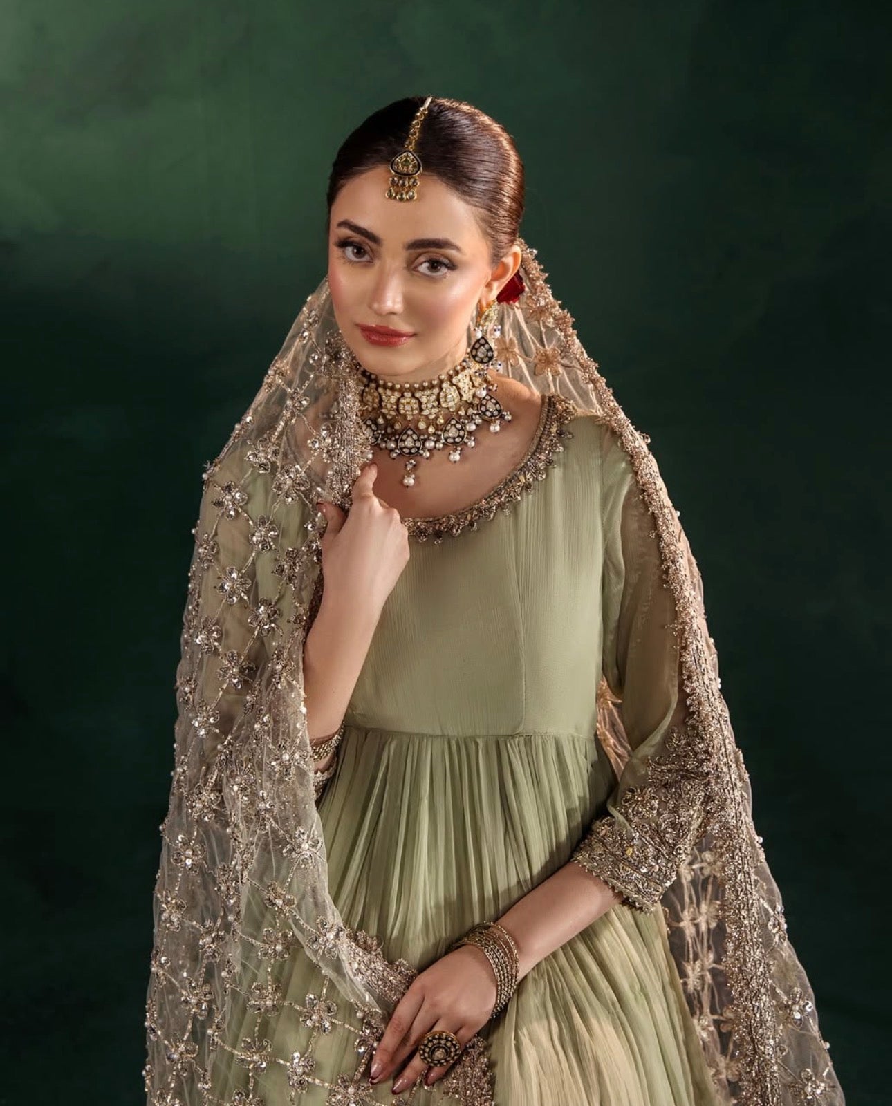 DILRUBA | 3 piece Embroidered chiffon Bridal Anarkali suit- Sage green