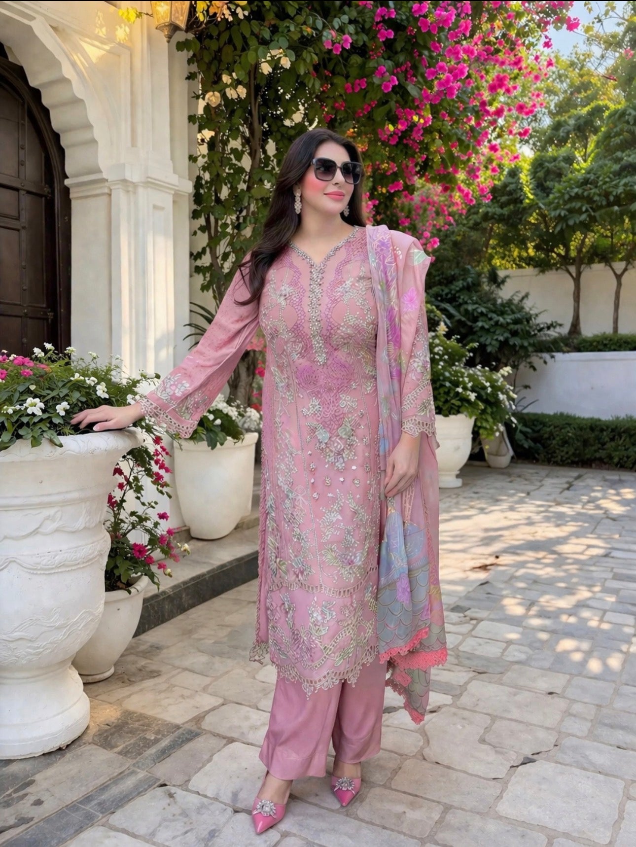 Blush Pink | 3 piece heavy Embroidered Chiffon Suit