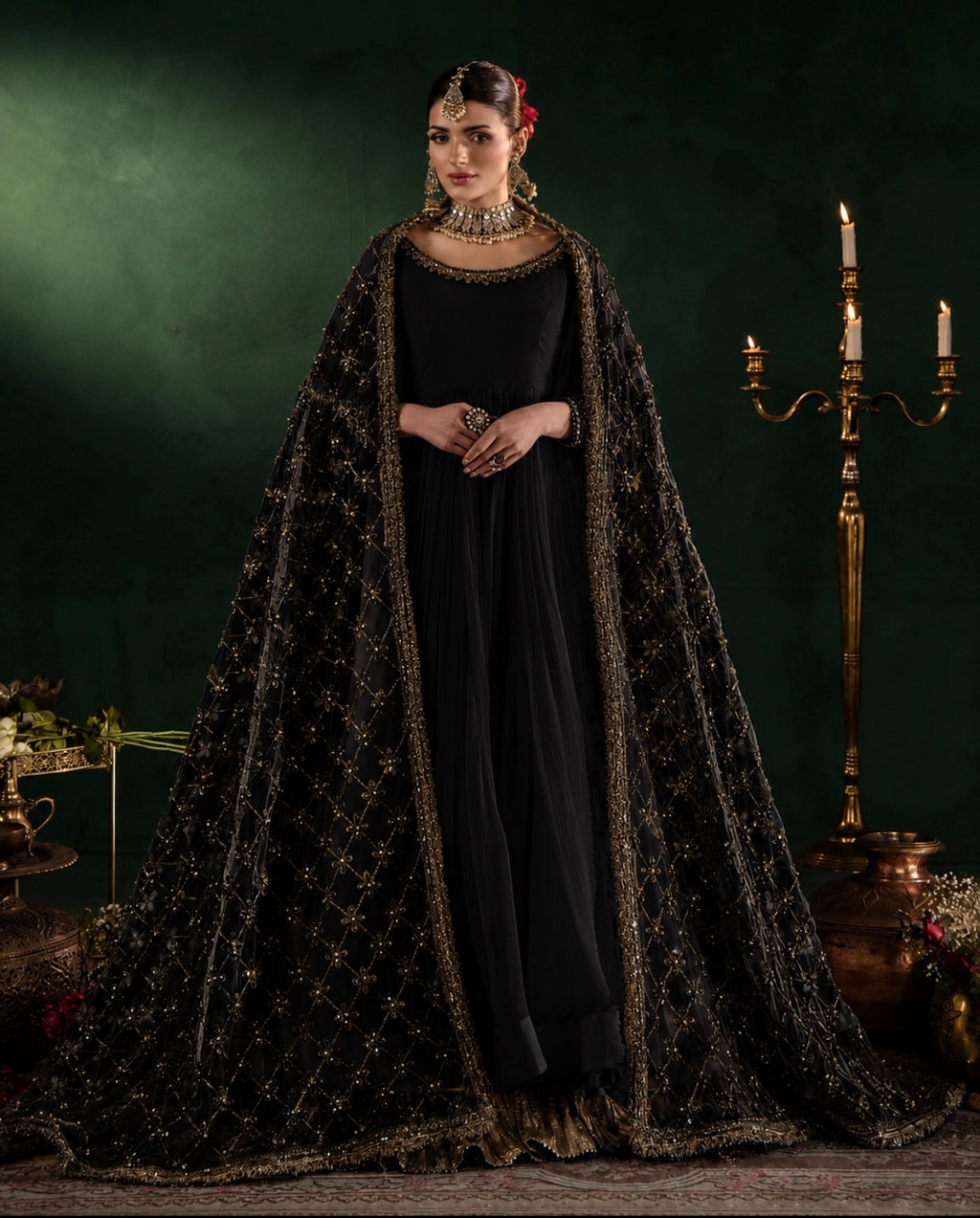 DILRUBA | 3 piece embroidered chiffon Anarkali wedding suit - BLACK