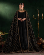 DILRUBA | 3 piece embroidered chiffon Anarkali wedding suit - BLACK