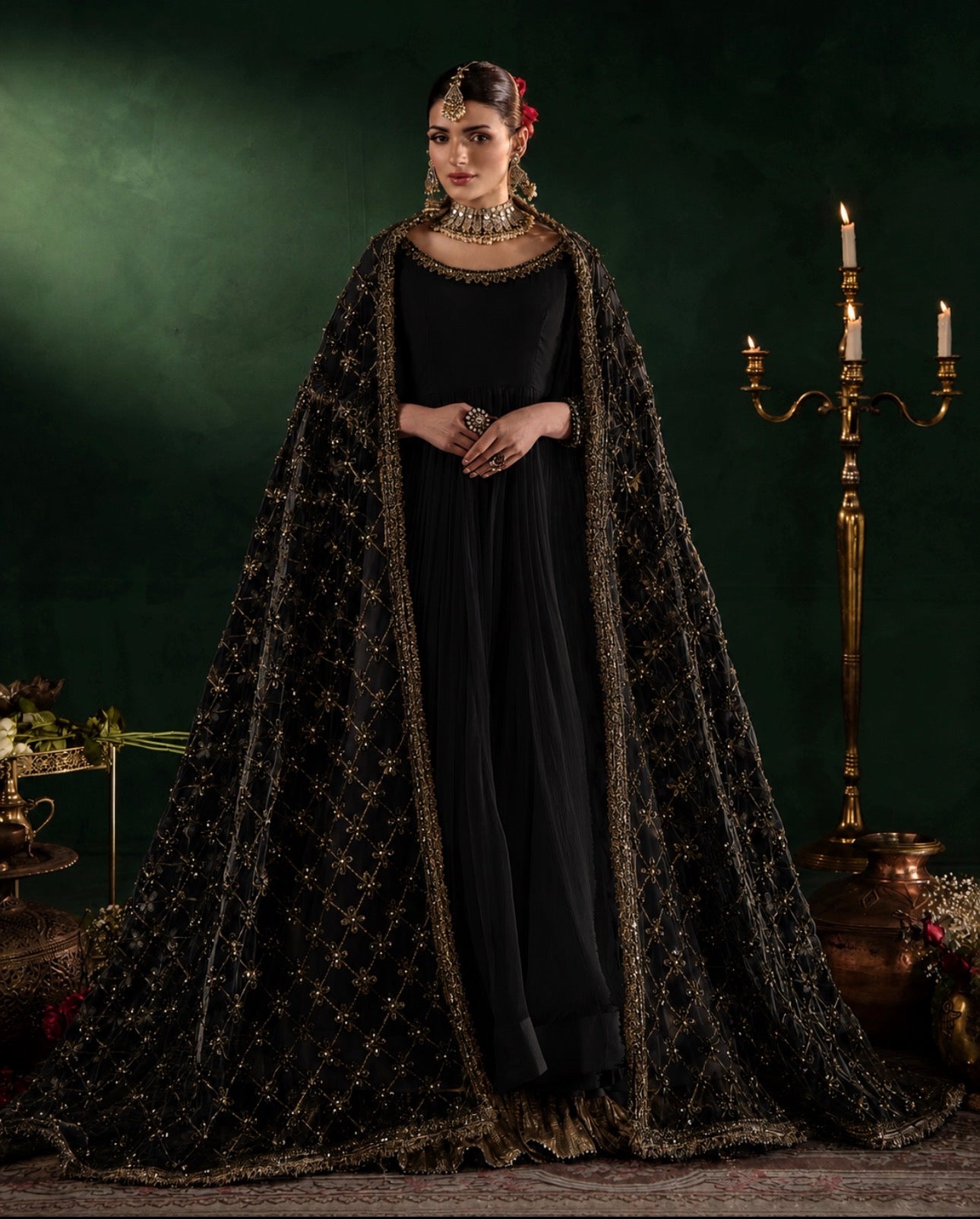 DILRUBA | 3 piece embroidered chiffon Anarkali wedding suit - BLACK