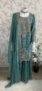 SAFFA | 3 piece Embroidered Chiffon Gharara Suit