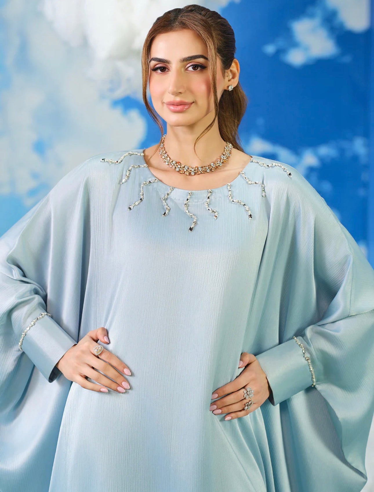 Sky Blue Embellished Kaftan Co-Ord Set