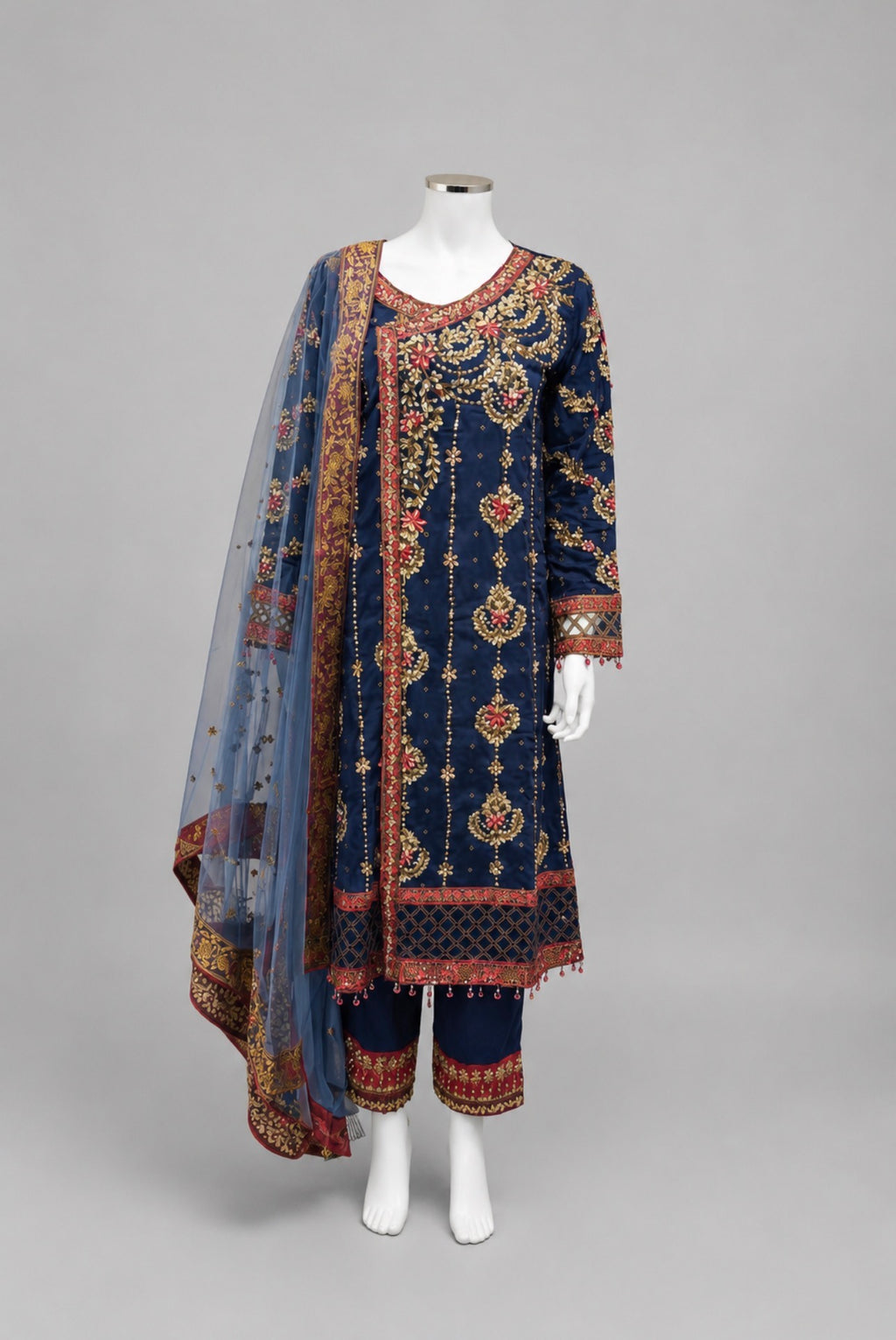 MEENA | 3 pcs Heavy Embroidered silk wedding suit