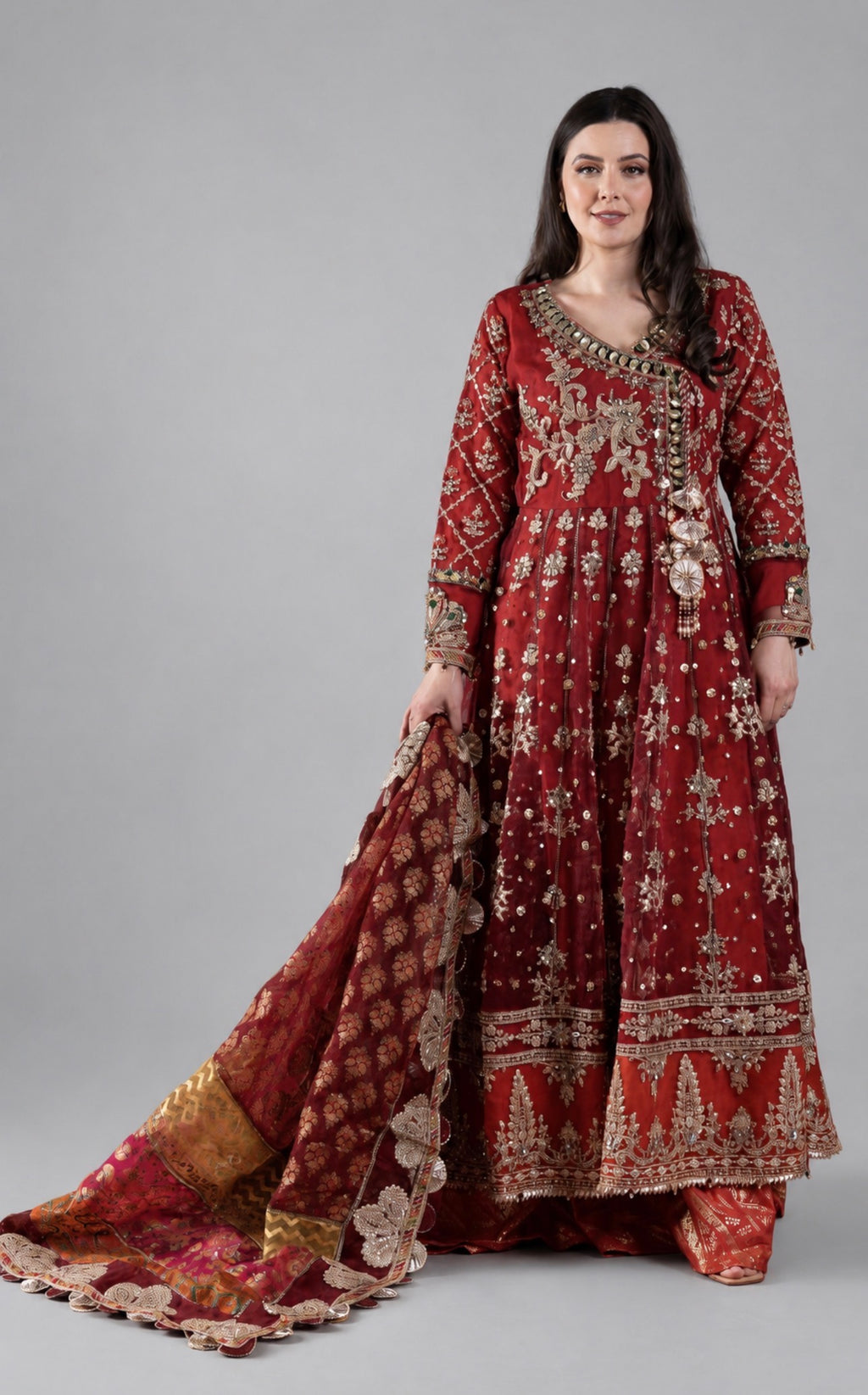 Rust Royale | heavy Embroidered Anarkali 3-Piece Suit with banarsi Organza Dupatta