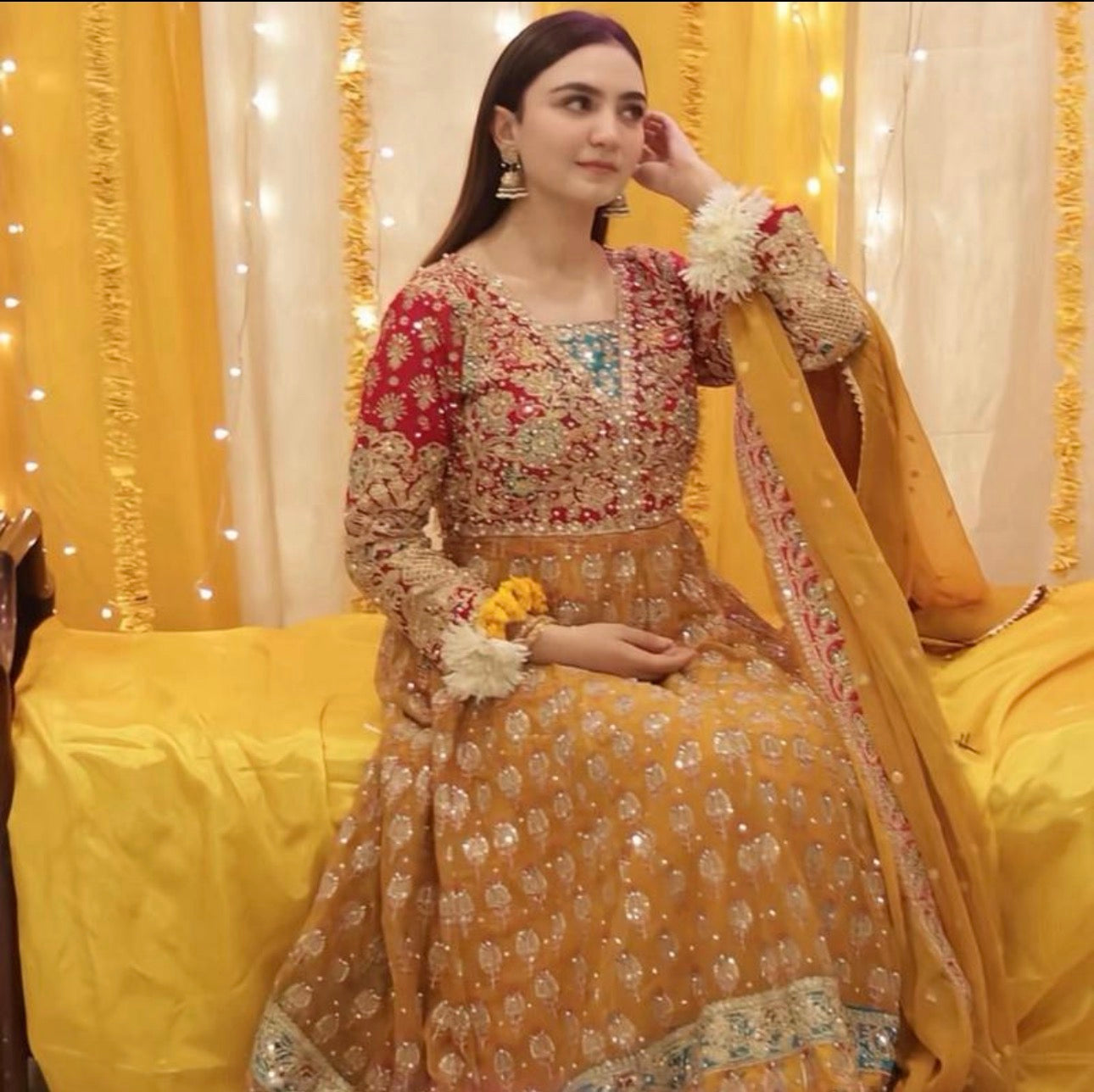 SATRANGI | 4 piece heavy Embroidered Chiffon Bridal Mayon Maxi suit