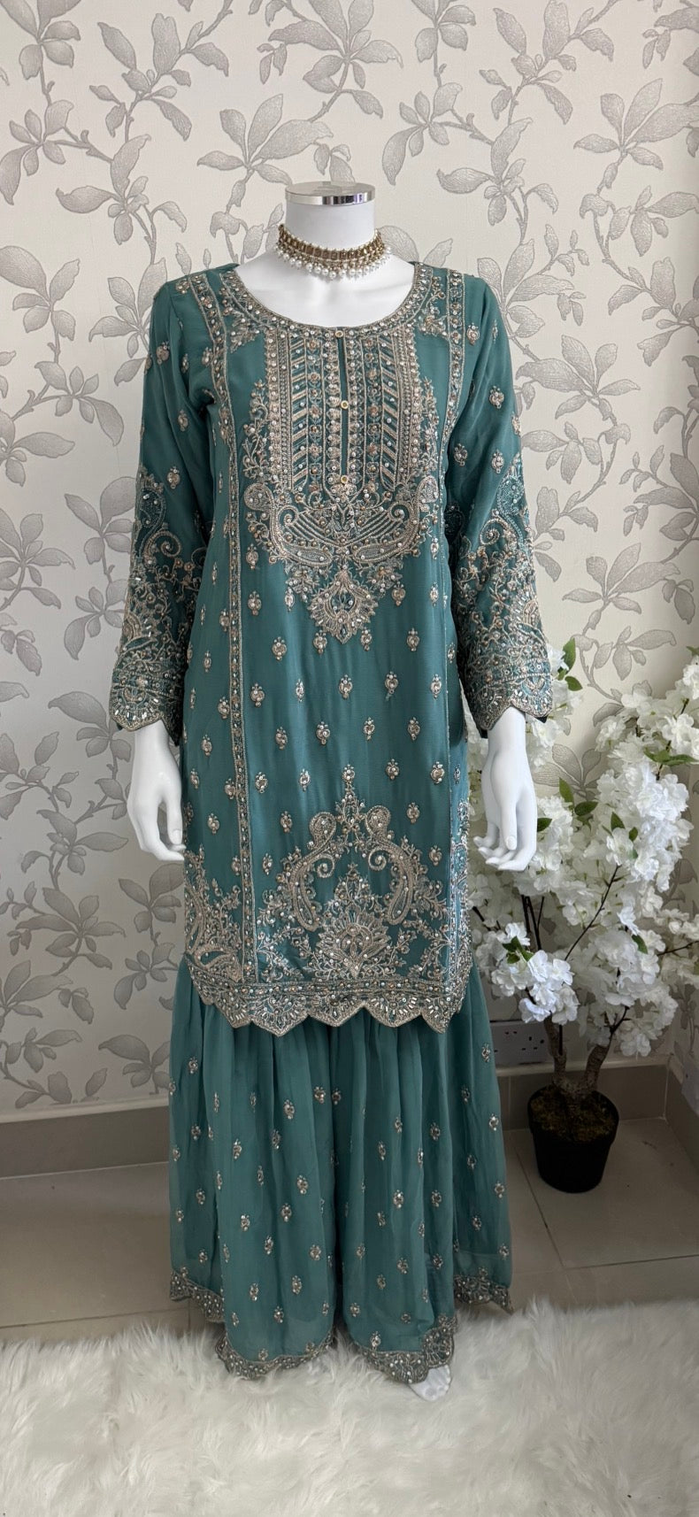 SAFFA | 3 piece Embroidered Chiffon Gharara Suit