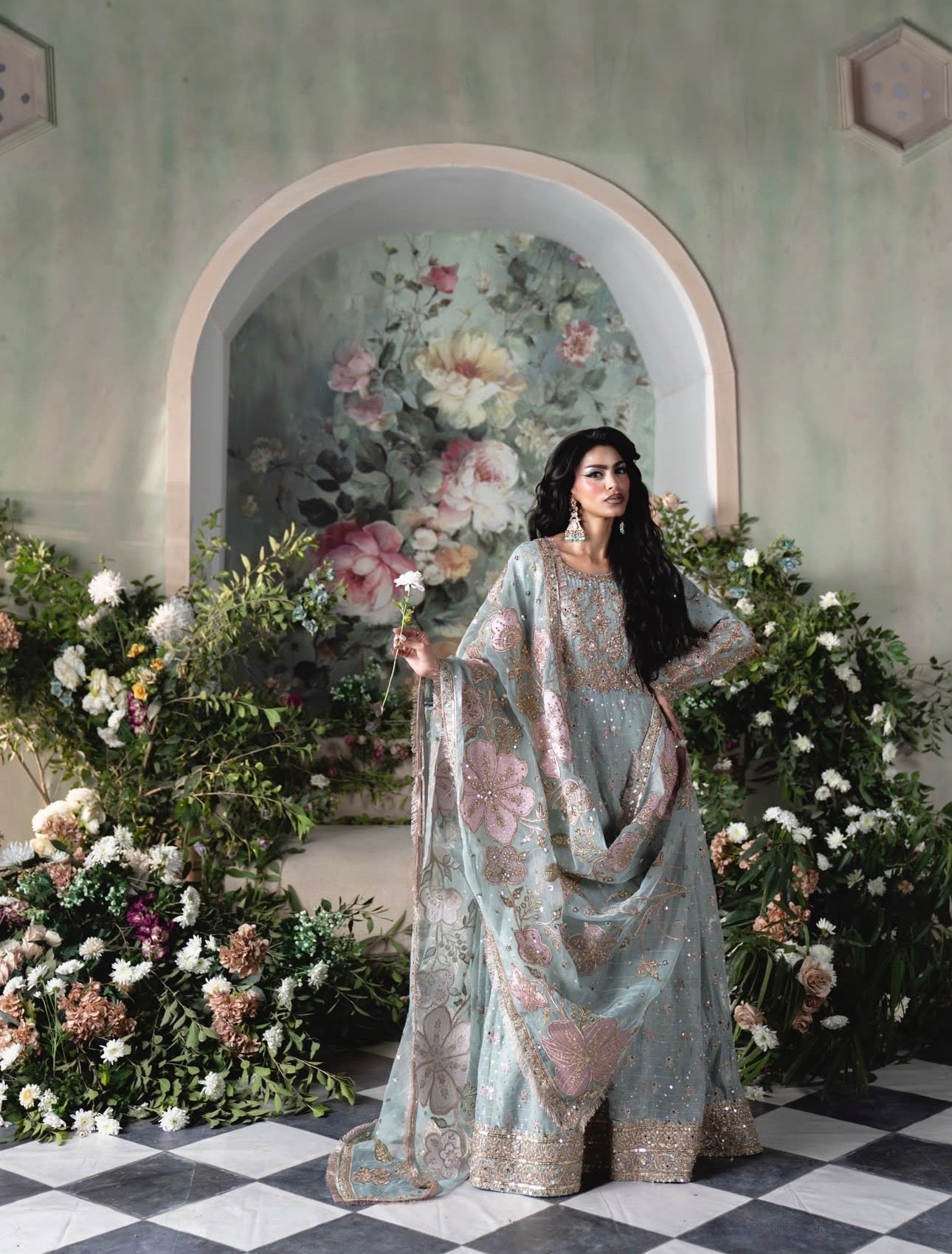 FALAAK 3-Piece Pakistani Chiffon Stiched Maxi Dress – Heavy Embroidered Wedding & Formal Wear