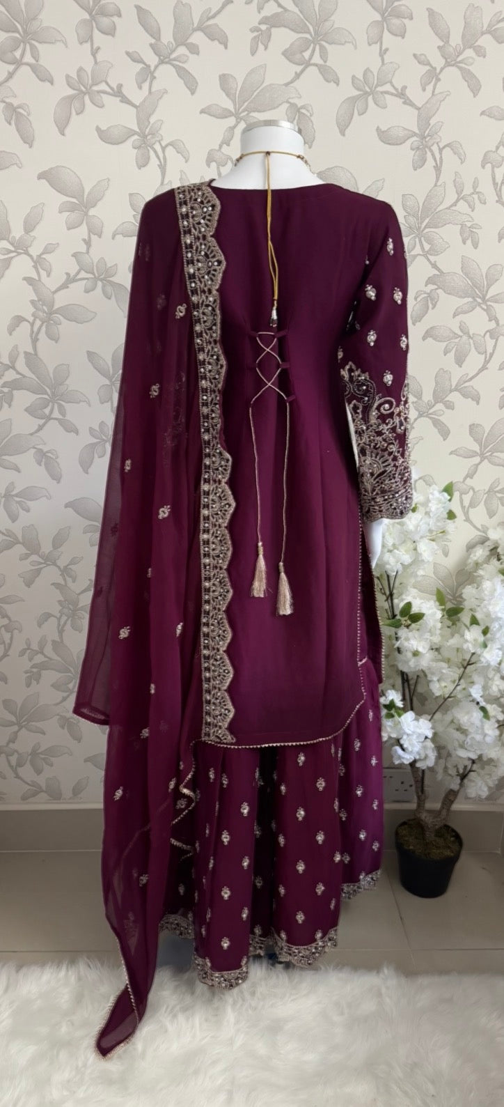 SAFFA | 3 piece Embroidered Chiffon Gharara Suit
