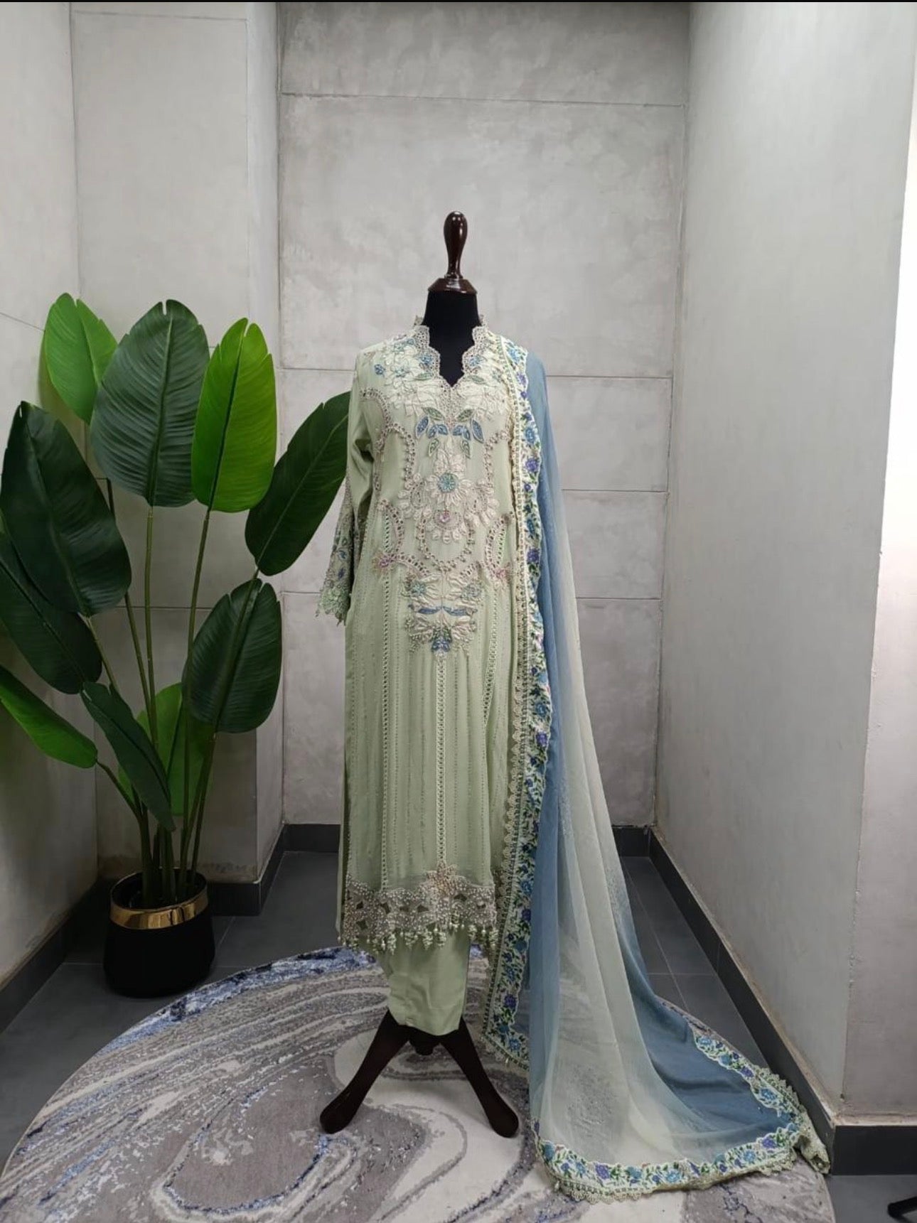 Luxury Mint Green Embroidered Pakistani Chiffon suit | Women’s Festive Wear