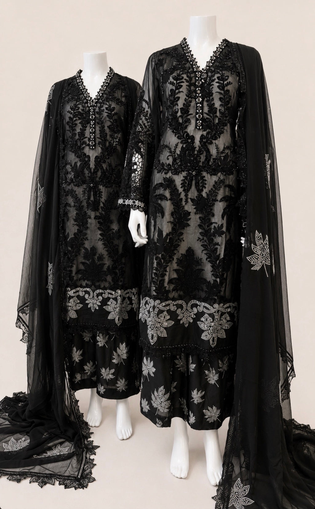 Midnight Noir | 3 piece Luxury Embroidered Chiffon Suit