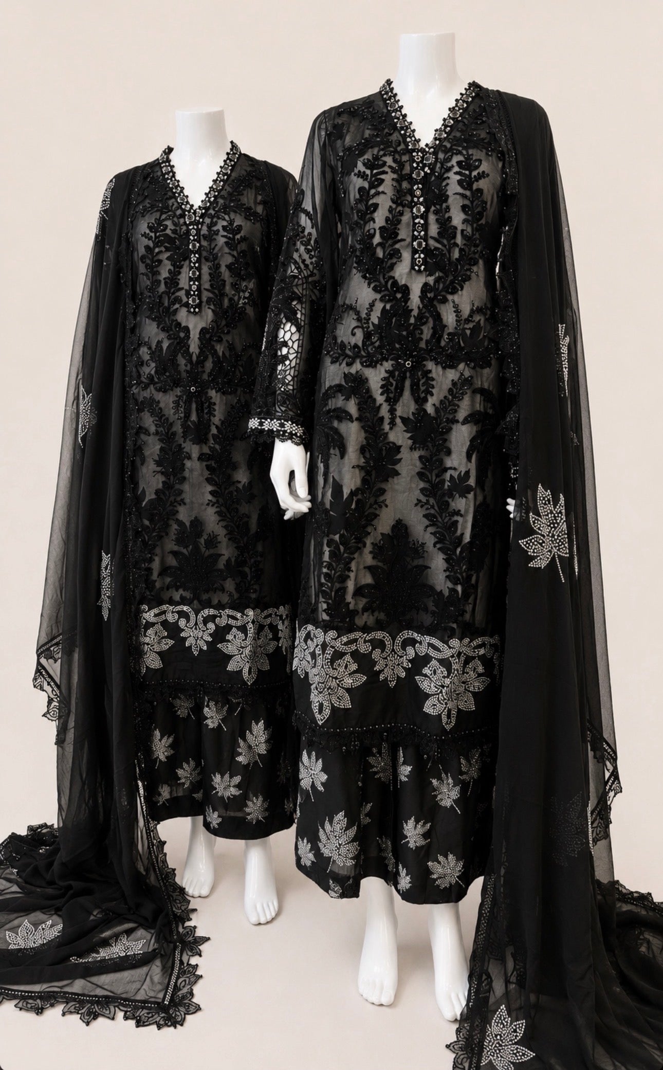 Midnight Noir | 3 piece Luxury Embroidered Chiffon Suit