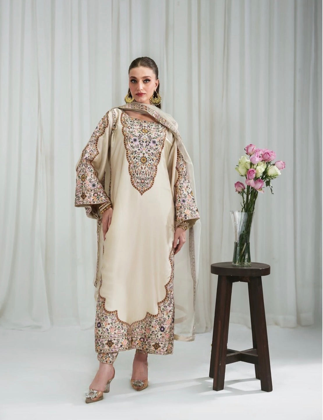 Luxury Cream 3 Piece Pakistani Embroidered silk kaftan Suit | Women’s Festive Wear