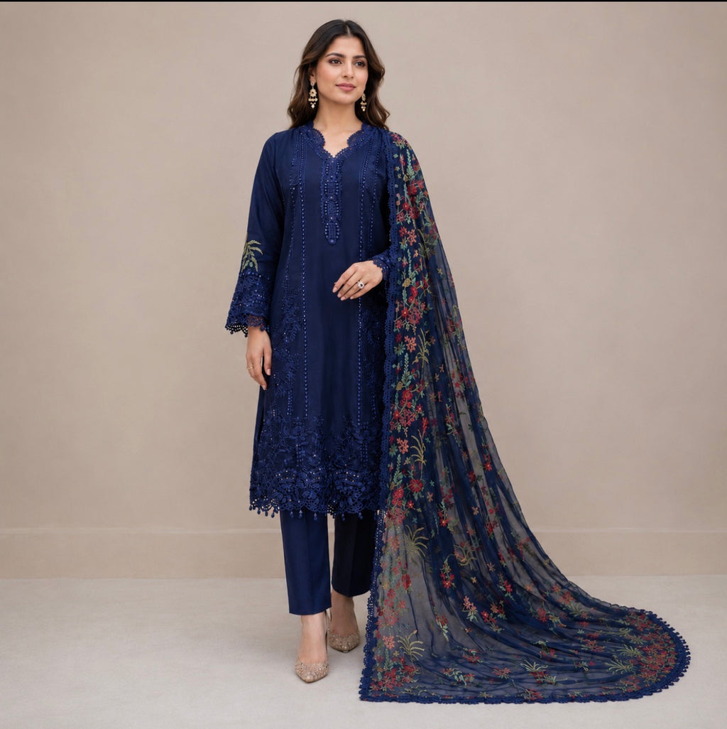 Midnight Blue | 3 piece Embroidered chiffon suit