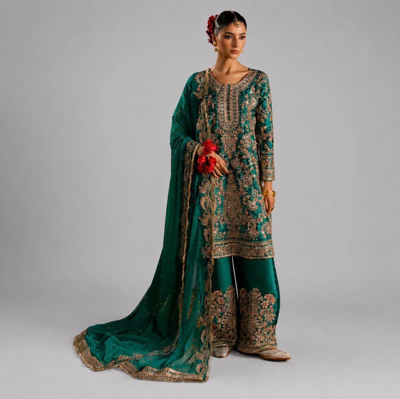 ZAMARUD | 3 piece heavy Embroidered silk pakistani mehndi/mayon wedding suit