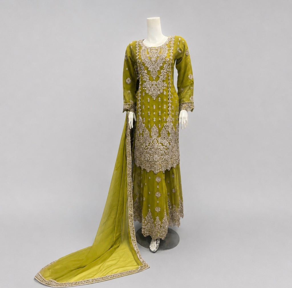 RAHA | 3 piece Heavy Embroidered chiffon Gharara Suit