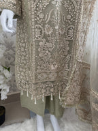 AFROZ Sage green | 3 piece Embroidered soft Organza Suit