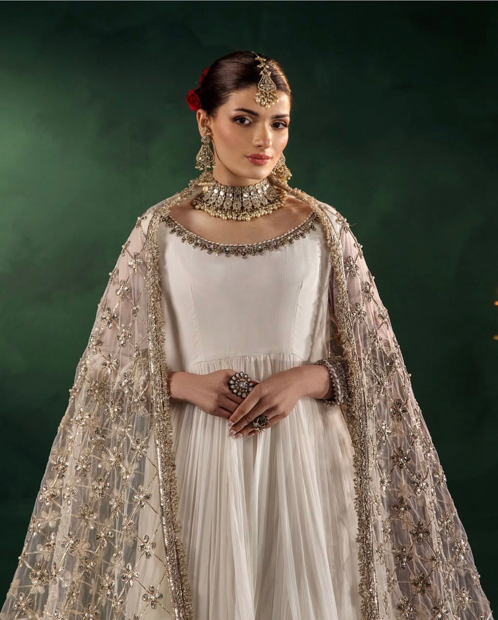DILRUBA | 3 piece embroidered chiffon wedding wear Anarkali suit - white