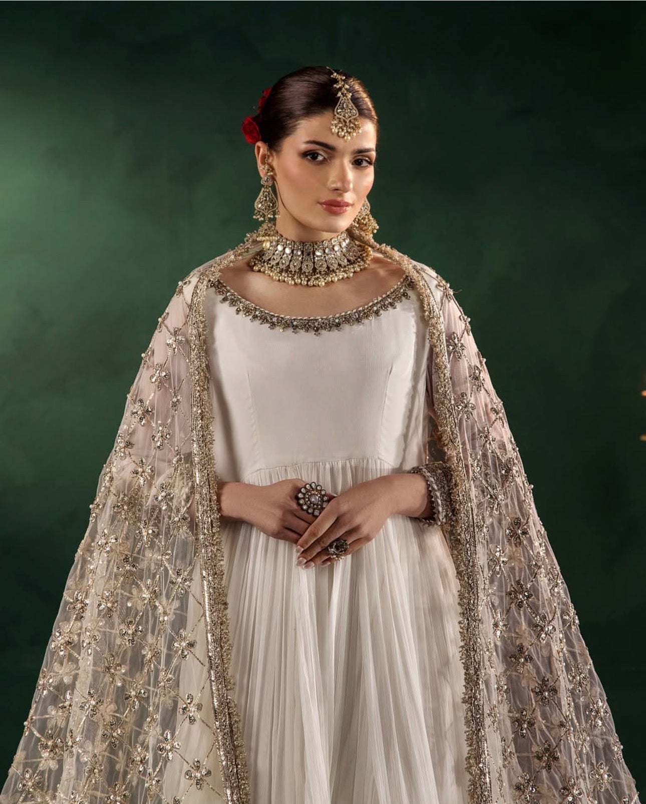 DILRUBA | 3 piece embroidered chiffon wedding wear Anarkali suit - white