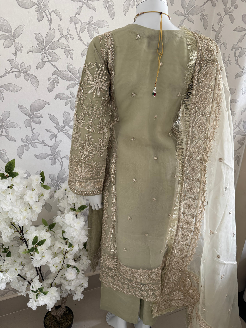 AFROZ Sage green | 3 piece Embroidered soft Organza Suit