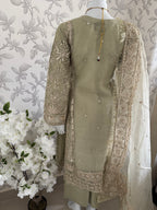 AFROZ Sage green | 3 piece Embroidered soft Organza Suit