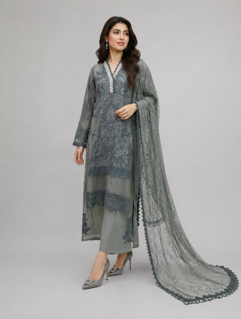 Sage Elegance | 3 piece Luxury Embroidered khaadi Net Suit