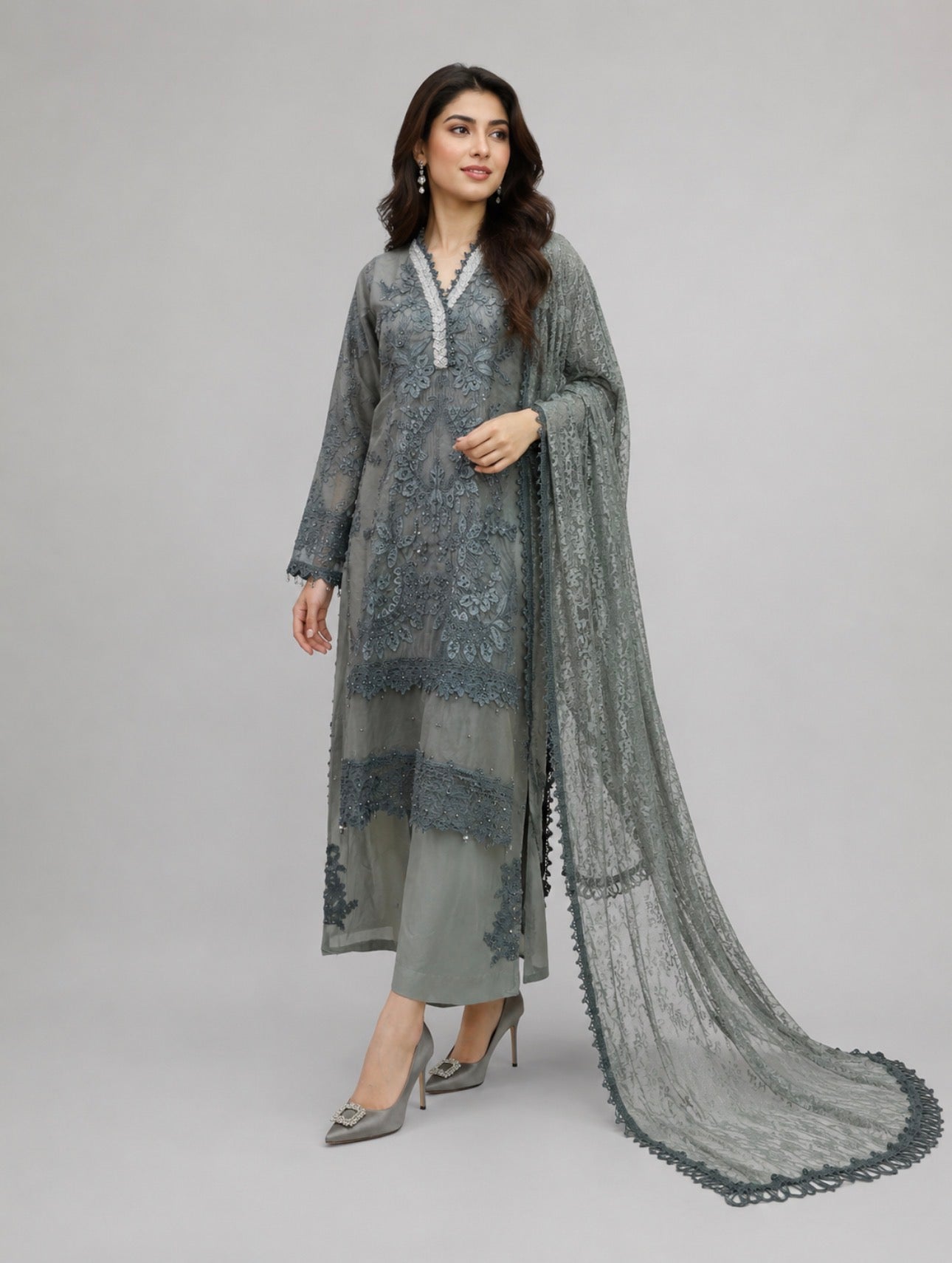 Sage Elegance | 3 piece Luxury Embroidered khaadi Net Suit