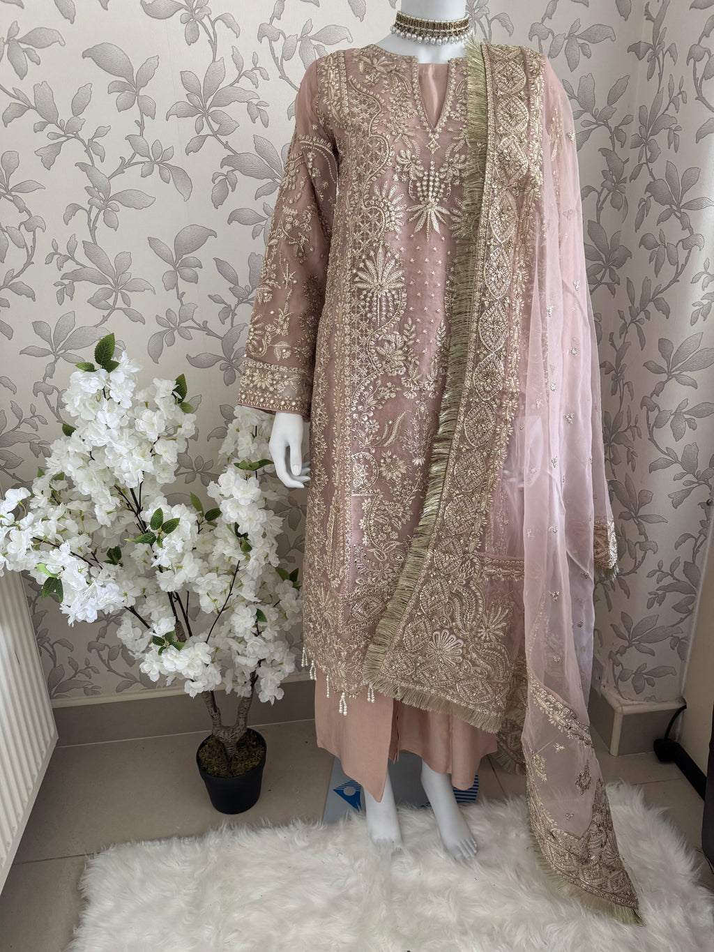 AFROZ Blush Pink | 3 piece Embroidered soft Organza suit