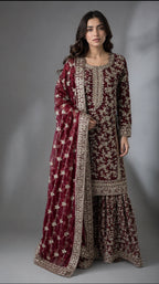ZAAHIA | 3 piece Embroidered chiffon Pakistani Sharara Suit | Luxury Wedding & Party Wear
