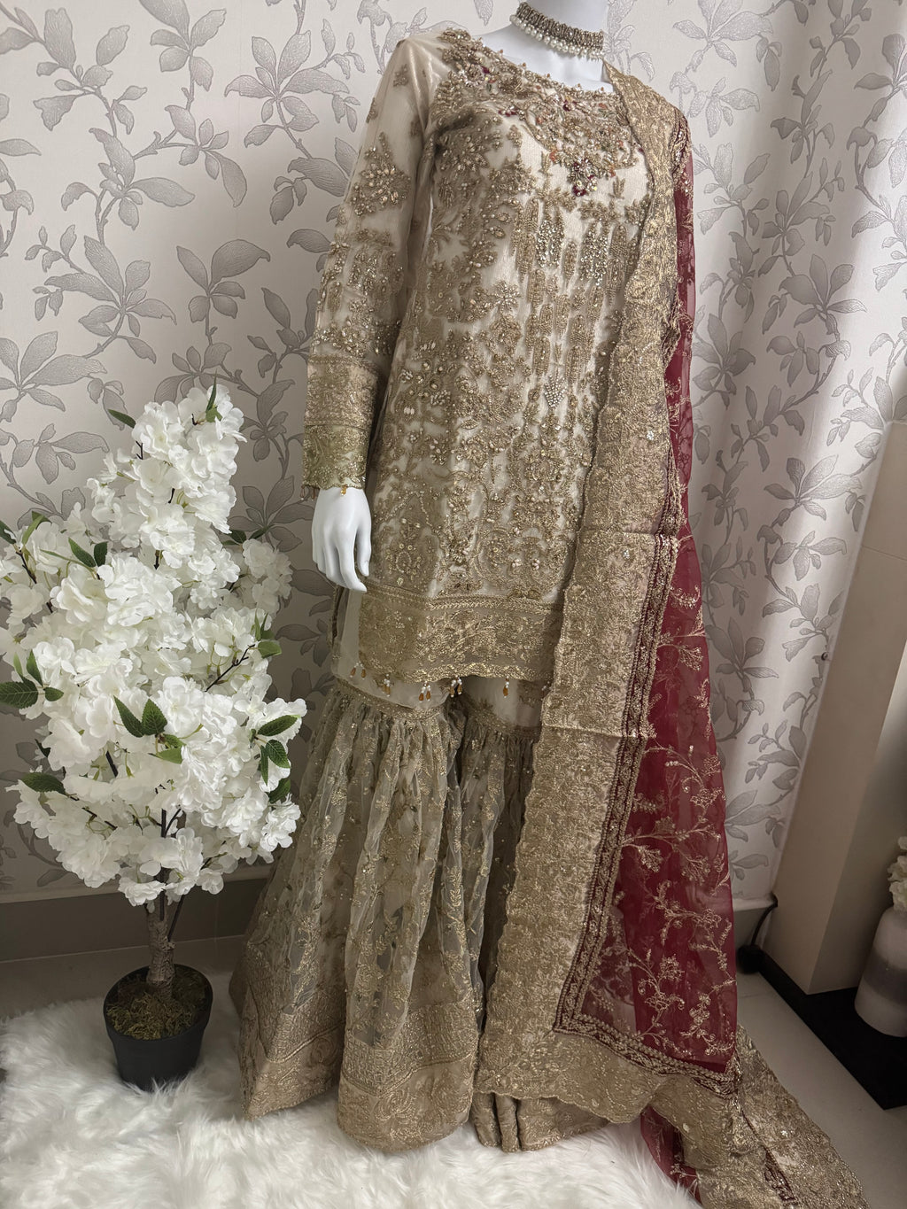 DULHAN | 3 piece heavy Embroidered Net Pakistani wedding Bridal Gharara Suit