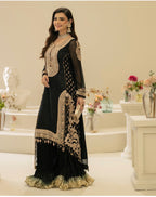 Black Embroidered 3 piece Sharara Suit | Pakistani Wedding Guest Dress