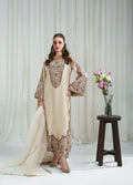 Luxury Cream 3 Piece Pakistani Embroidered silk kaftan Suit | Women’s Festive Wear
