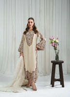 Luxury Cream 3 Piece Pakistani Embroidered silk kaftan Suit | Women’s Festive Wear