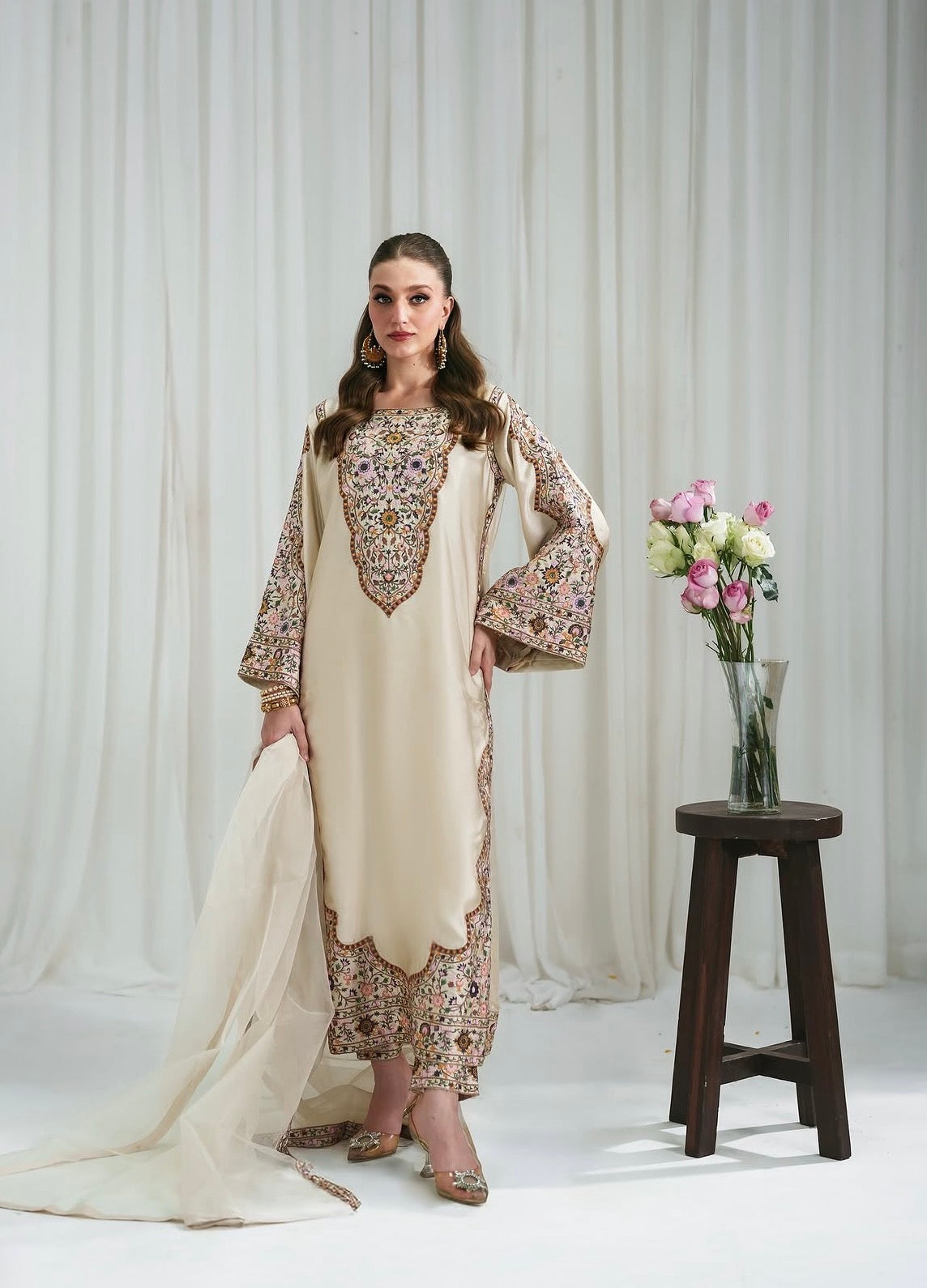 Luxury Cream 3 Piece Pakistani Embroidered silk kaftan Suit | Women’s Festive Wear