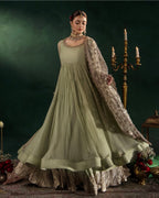 DILRUBA | 3 piece Embroidered chiffon Bridal Anarkali suit- Sage green
