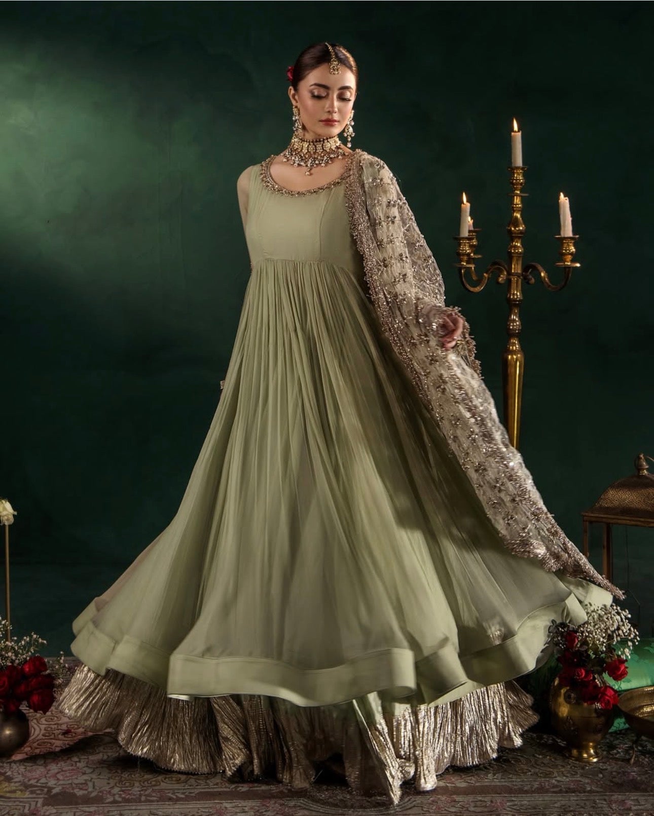 DILRUBA | 3 piece Embroidered chiffon Bridal Anarkali suit- Sage green