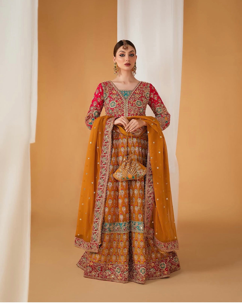 SATRANGI | 4 piece heavy Embroidered Chiffon Bridal Mayon Maxi suit
