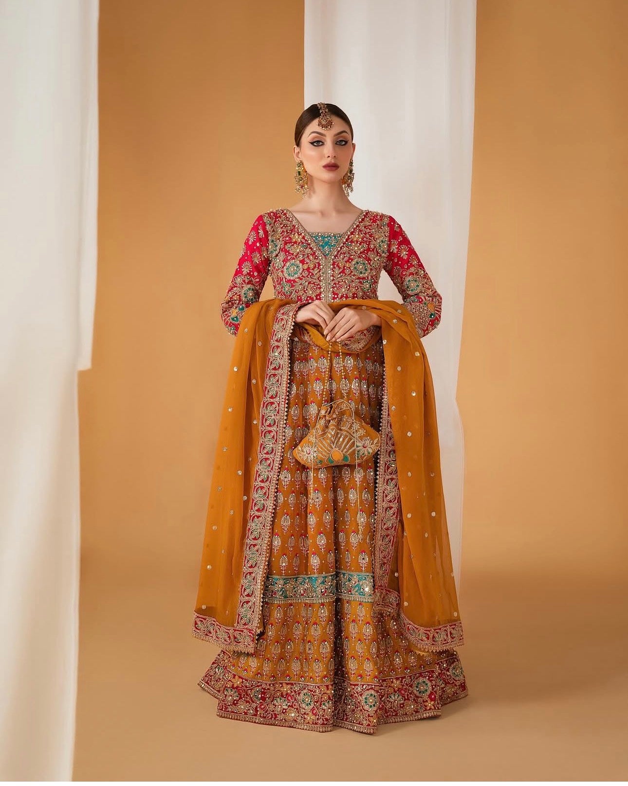 SATRANGI | 4 piece heavy Embroidered Chiffon Bridal Mayon Maxi suit