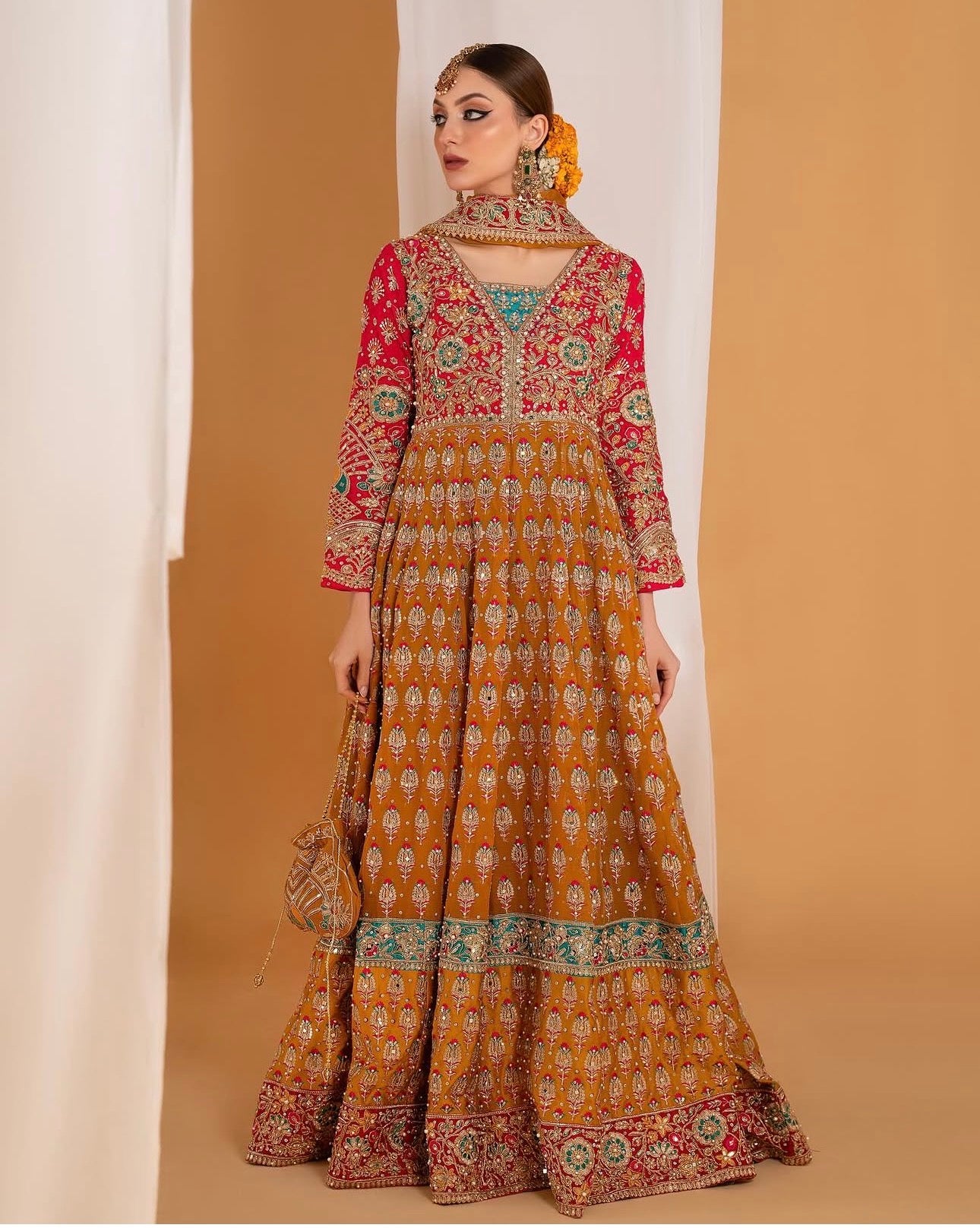 SATRANGI | 4 piece heavy Embroidered Chiffon Bridal Mayon Maxi suit