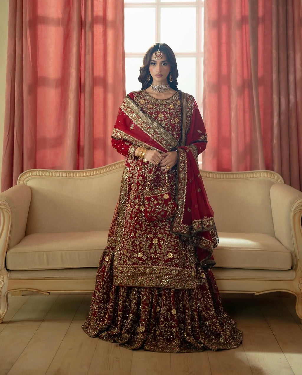KAMKHAAB | 3 piece Maroon & Gold Embroidered chiffon Bridal Farshi Gharara Set